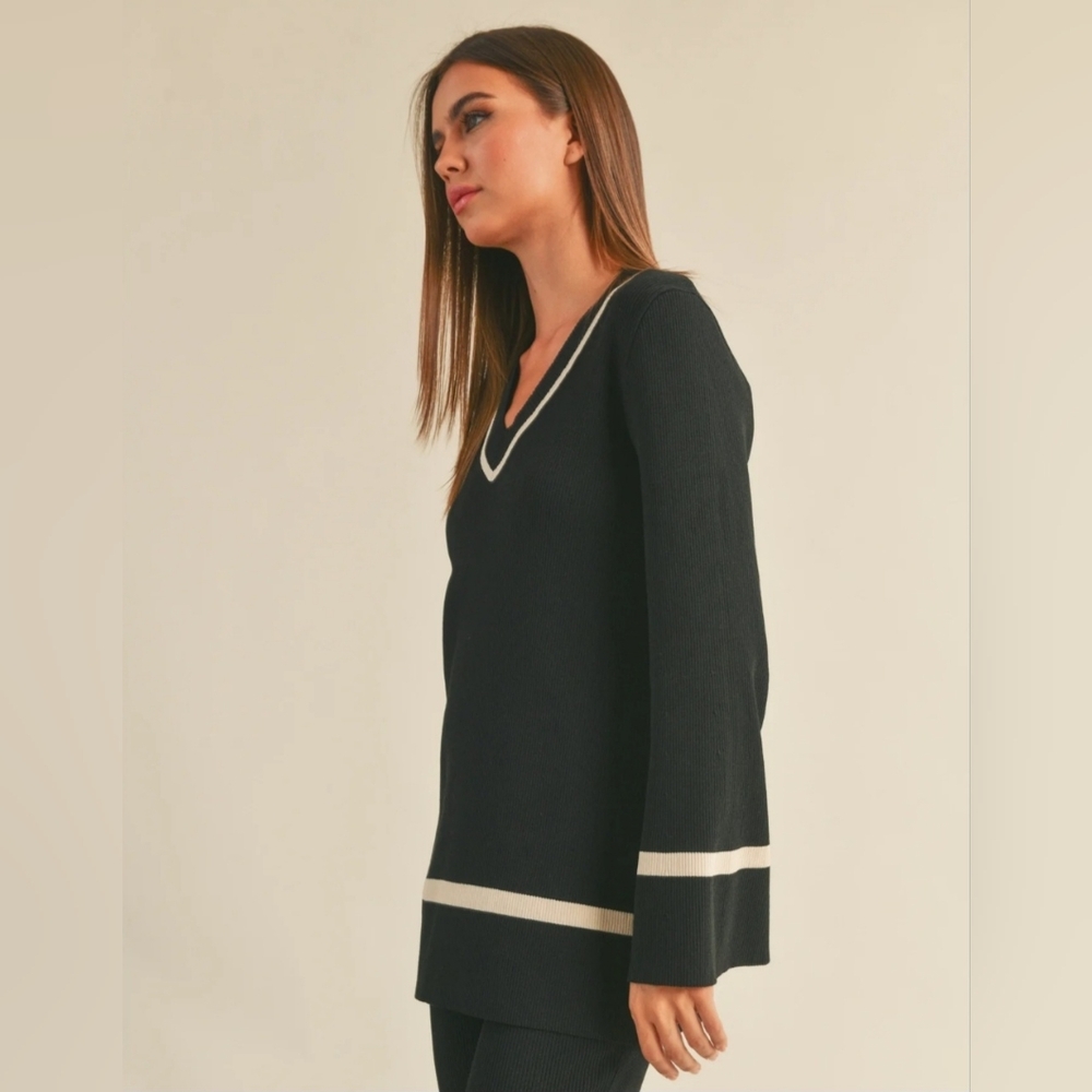 Miou Muse V-neck bell sleeve sweater, typically featuring a black ribbed knit Sm - Picture 6 of 7